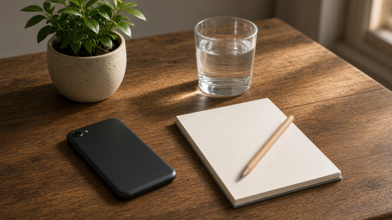 A phone, a blank notepad, a pencil, and a glass of water on a wooden desk.