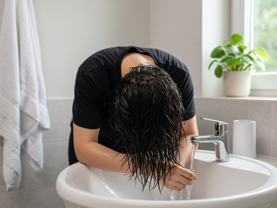 A person rinsing wet hair at a bathroom sink.