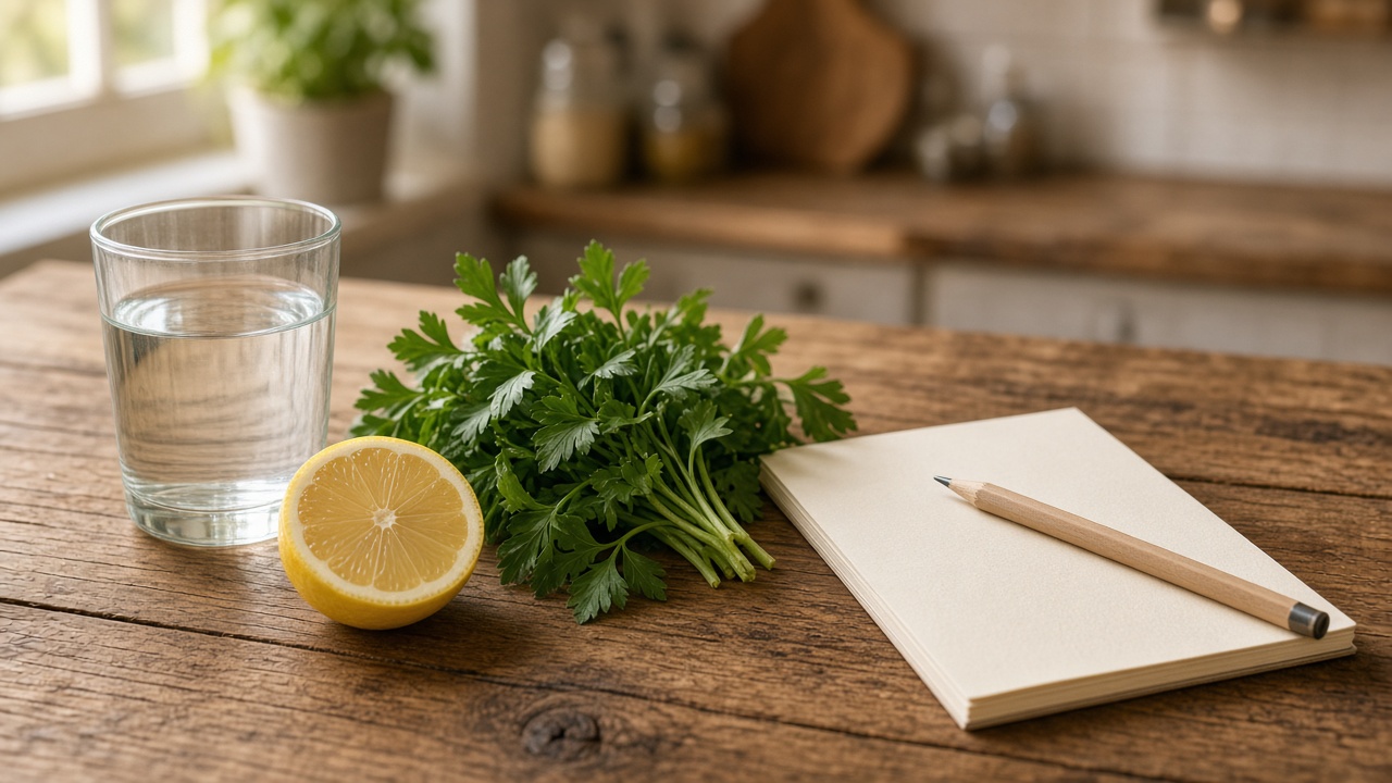 A glass of water, a lemon, parsley, and a blank notepad on a kitchen table.