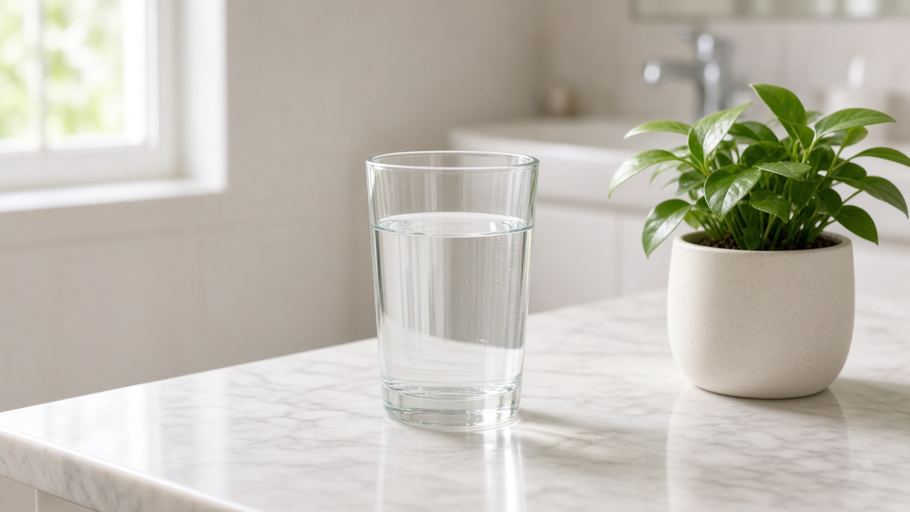 A glass of water on a bathroom counter in morning light.