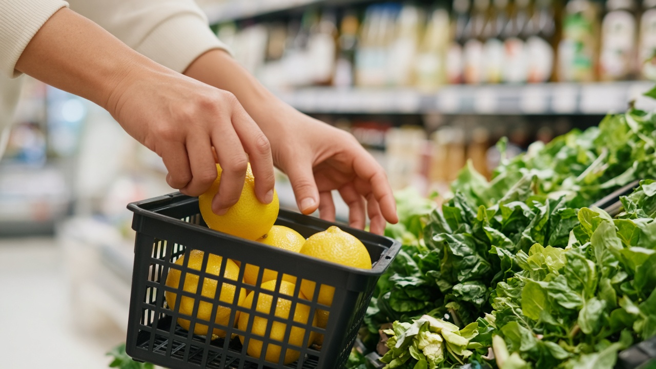 Hands choosing lemons beside leafy greens in a grocery store.