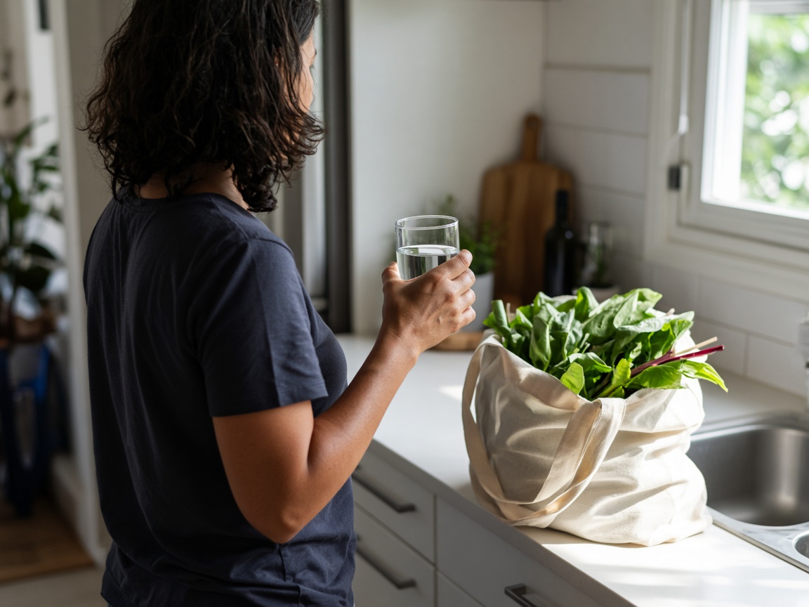 A person holding a glass of water beside a tote of greens in a sunny kitchen.